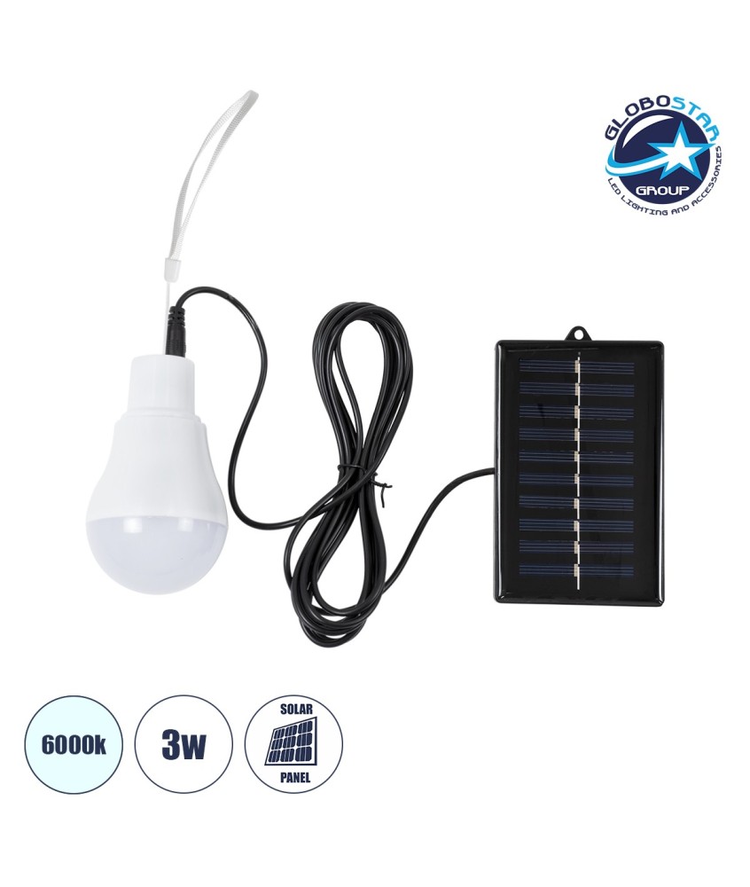 GLOBOSTAR® SOLARLAMP 71502 Λάμπα A60 LED 3W 150lm 260° DC 5V με Φωτοβολταϊκό Panel 5V 0.2W & Επαναφορτιζόμενη Μπαταρία Li-ion 3.2V 600mAh IP20 Ψυχρό Λευκό 6000K - Μ6 x Π6 x Υ10cm - 2 Χρόνια Εγγύηση